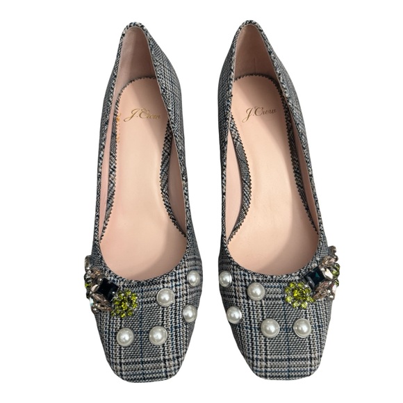 J. Crew Glen Plaid Embellished Block Heel Pumps Pearls Jeweled Square Toe - Picture 3 of 14